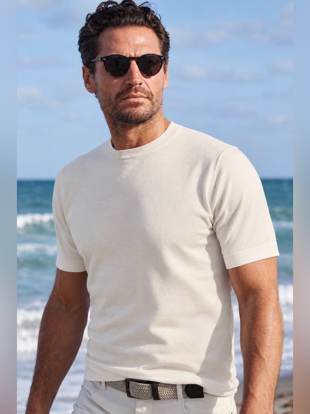 Collars & Co Maranello Mid-Weight Cotton & Silk Tee White Sand. Size Small